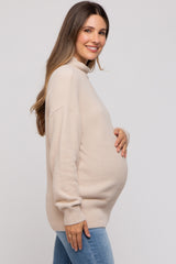 Beige Fuzzy Knit Mock Neck Maternity Sweater