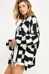 Black Checkered Print Oversized Cardigan