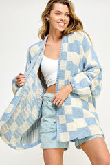 Light Blue Checkered Print Oversized Cardigan