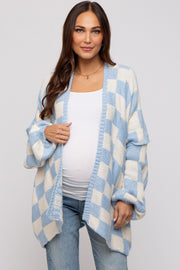 Light Blue Checkered Print Oversized Maternity Cardigan