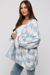 Light Blue Checkered Print Oversized Maternity Cardigan