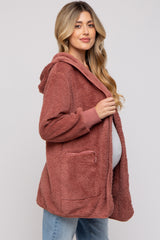 Mauve Fuzzy Knit Hooded Maternity Jacket