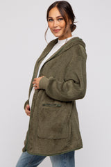 Olive Fuzzy Knit Hooded Maternity Jacket