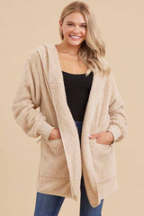 Beige Fuzzy Knit Hooded Maternity Jacket