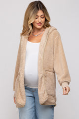 Beige Fuzzy Knit Hooded Maternity Jacket