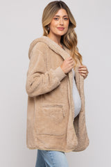 Beige Fuzzy Knit Hooded Maternity Jacket