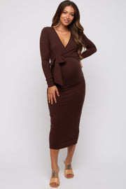 Brown Ribbed Long Sleeve Maternity Wrap Dress