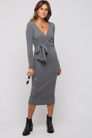 Grey Ribbed Long Sleeve Wrap Dress