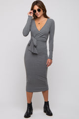 Grey Ribbed Long Sleeve Wrap Dress