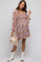 Brown Floral Smocked V-Neck Maternity Dress