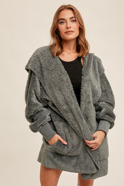 Teal Grey Fuzzy Hooded Long Sleeve Jacket