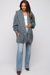 Teal Grey Fuzzy Hooded Long Sleeve Maternity Jacket