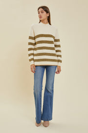 Olive Striped Color Block Mock Neck Sweater