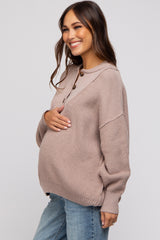 Beige Half Button Up Maternity Sweater