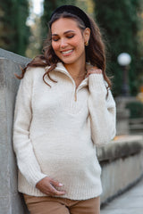 Cream Knit Zipper Maternity Pullover Sweater