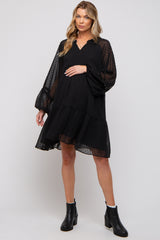 Black Swiss Dot Chiffon Tiered Maternity Dress