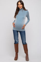 Teal Ribbed Maternity Turtleneck Top