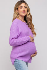 Lavender Waffle Knit Round Hem Maternity Sweater