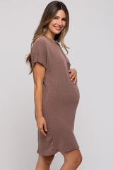 Taupe Ribbed Front Pocket Dolman Short Sleeve Maternity Dress