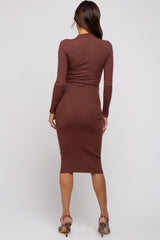 Brown Ribbed Knit Fitted Maternity Dress