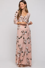 Light Pink Floral Wrap Maternity Maxi Dress