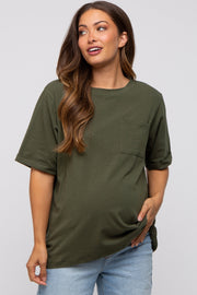 Green Oversized Pocket Front Short Sleeve Maternity Top