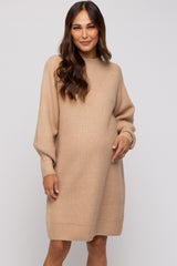 Beige Mock Neck Maternity Sweater Dress