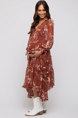 Brown Floral Chiffon Ruffle Tiered Maternity Midi Dress