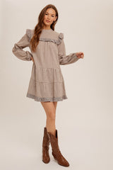 Taupe Ruffle Trim Tiered Skirt Mini Dress