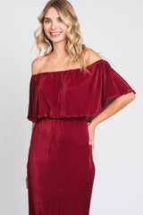 Burgundy Pleated Ruffle Off Shoulder Maxi Dress