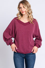 Burgundy Ribbed V-Neck Cropped Sweater