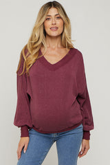 Burgundy Ribbed V-Neck Cropped Maternity Sweater