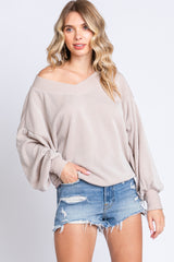 Beige Ribbed V-Neck Cropped Sweater