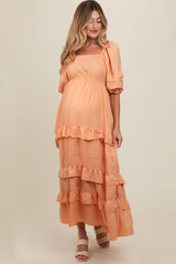 Peach Ruffle Tiered Maternity Maxi Dress