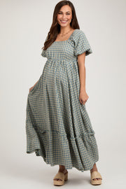 Blue Plaid Puff Sleeve Maternity Maxi Dress