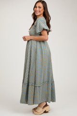 Blue Plaid Puff Sleeve Maternity Maxi Dress