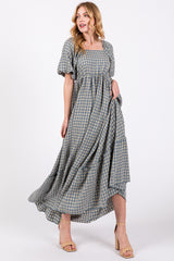 Blue Plaid Puff Sleeve Maxi Dress