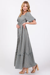 Blue Plaid Puff Sleeve Maxi Dress