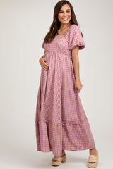 Pink Plaid Puff Sleeve Maternity Maxi Dress