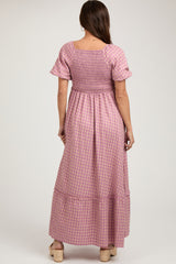 Pink Plaid Puff Sleeve Maternity Maxi Dress