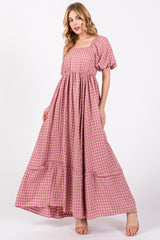 Pink Plaid Puff Sleeve Maternity Maxi Dress