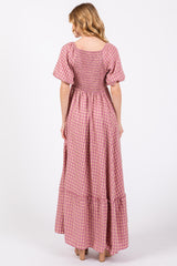 Pink Plaid Puff Sleeve Maxi Dress