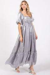 Silver Satin Square Neck Short Puff Sleeve Maternity Maxi Dress