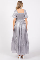 Silver Satin Square Neck Short Puff Sleeve Maxi Dress