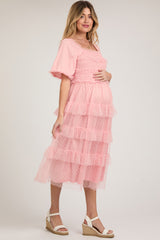 Light Pink Dot Smocked Ruffle Tiered Maternity Midi Dress