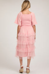 Light Pink Dot Smocked Ruffle Tiered Maternity Midi Dress