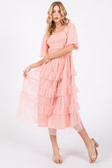 Light Pink Dot Smocked Ruffle Tiered Maternity Midi Dress