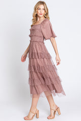 Pink Dot Smocked Ruffle Tiered Midi Dress