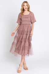 Pink Dot Smocked Ruffle Tiered Maternity Midi Dress