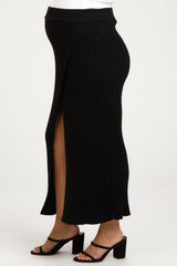 Black Ribbed Knit Wrap Maternity Maxi Skirt